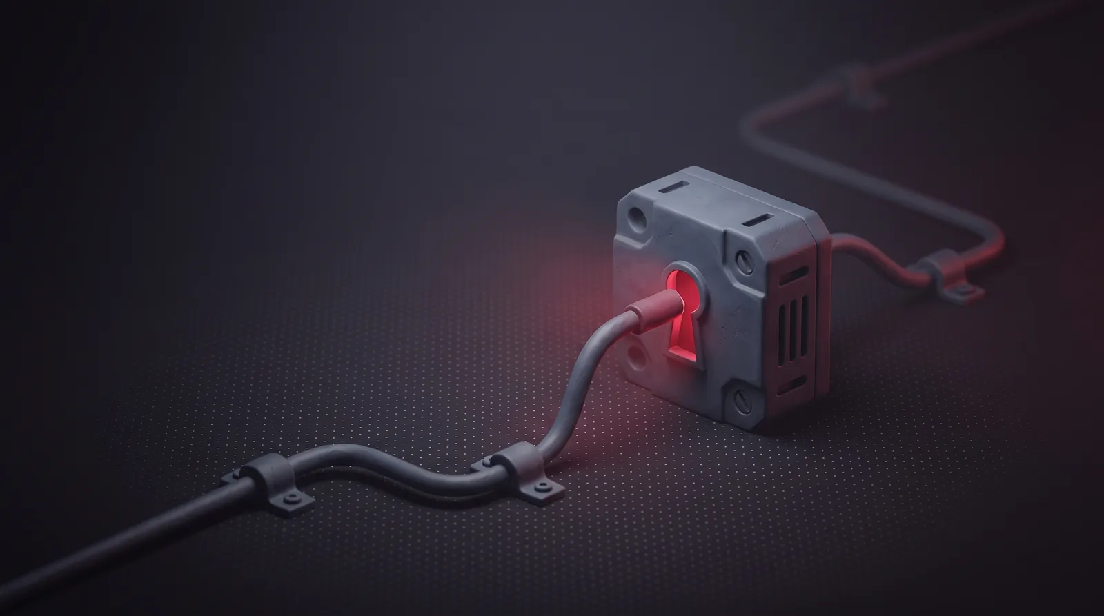A routing line halted at a relay block whose empty keyhole recess glows crimson, the onward path fading into darkness