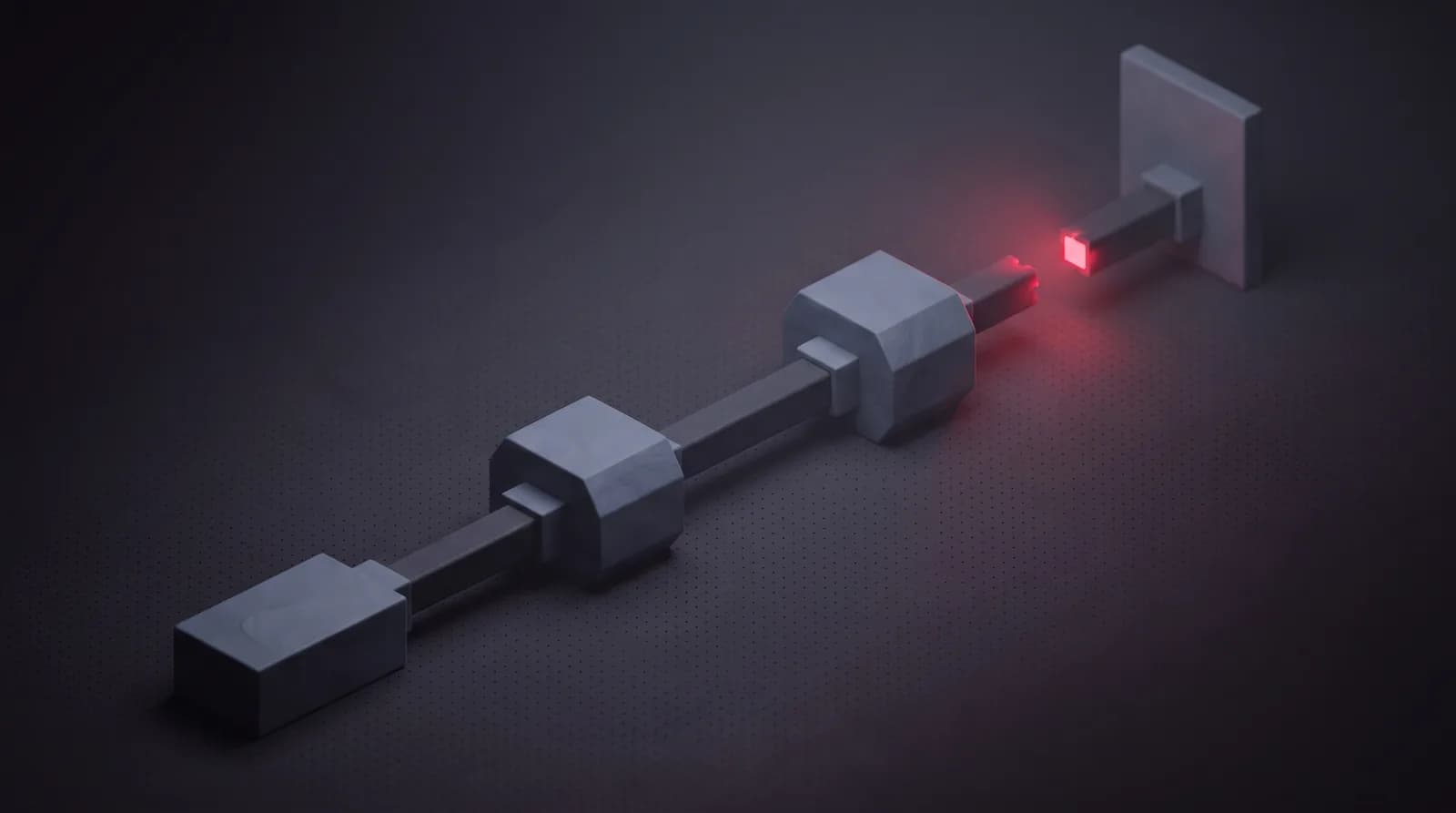 A chain of client, two relays and a distant slab, the final link severed with its broken end glowing crimson