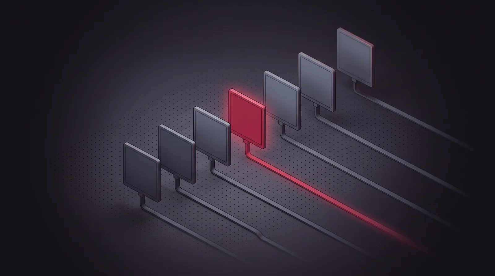 Several identical masked panels in a row, each connected to its own separate routing line, one lit