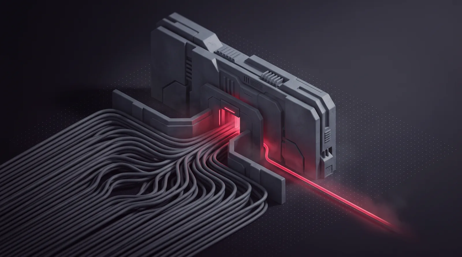 A tall barrier funnelling many routing lines into one narrow gate with a single lit line making it through
