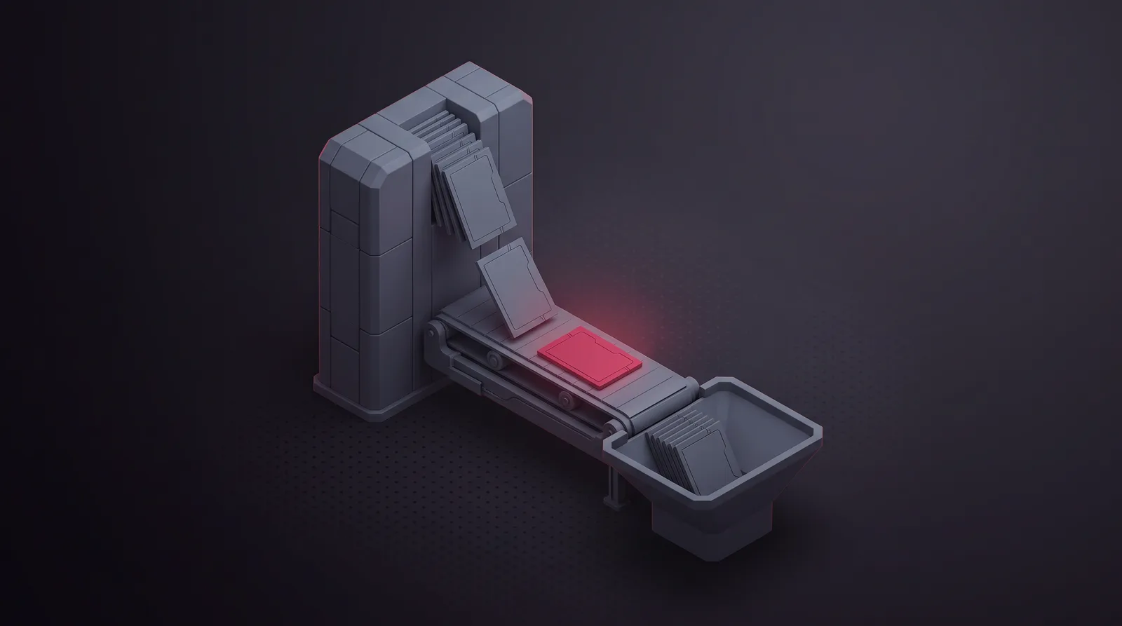 A slab structure feeding thin data plates onto a conveyor toward a collector, with the active plate lit