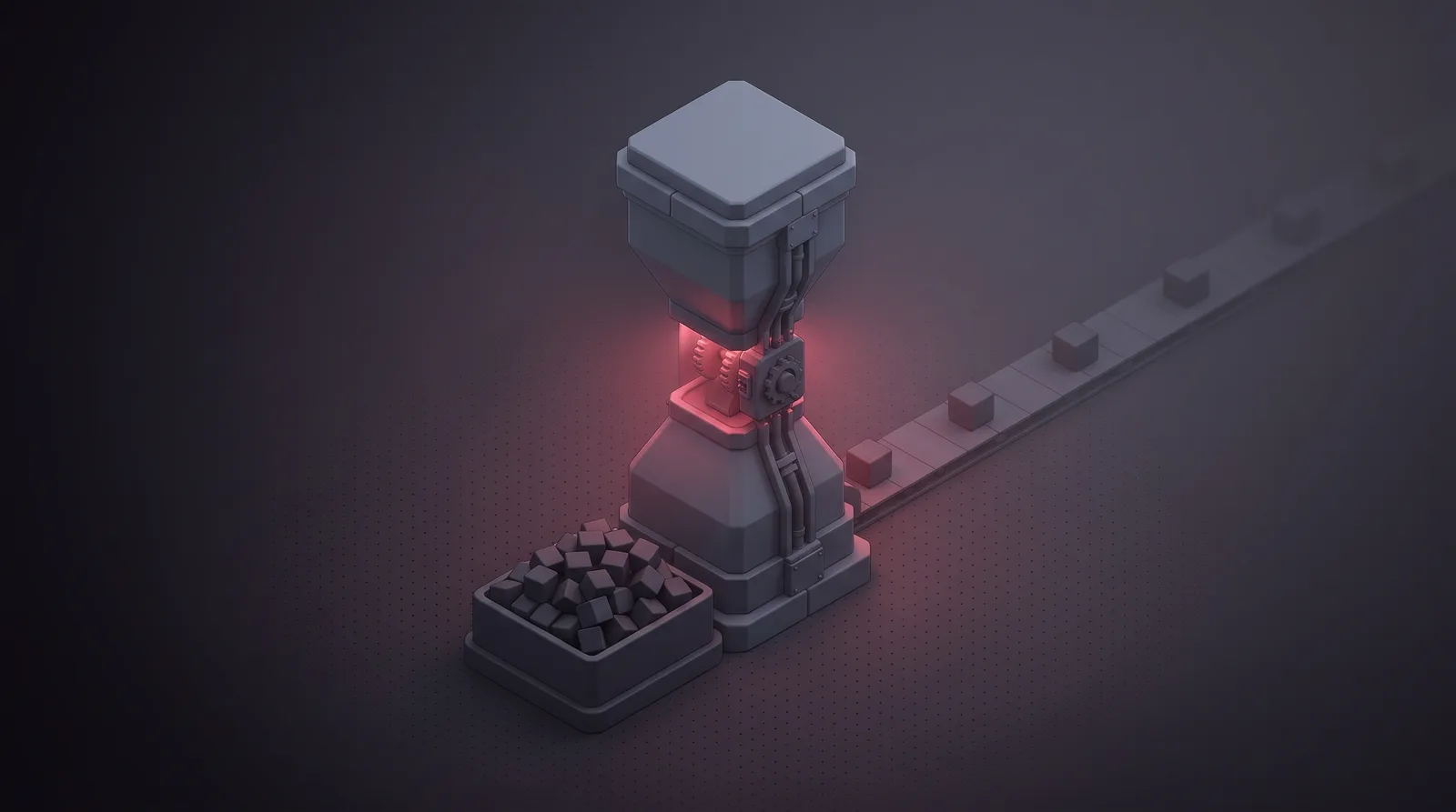 An hourglass-shaped metering structure with cubes piled in front and only a few spaced cubes passing beyond its crimson waist