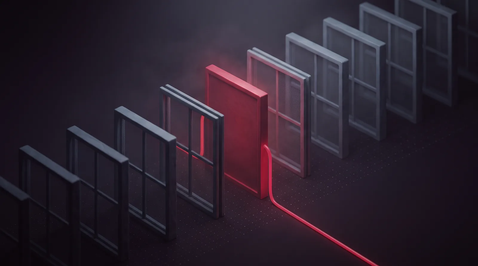 A row of upright filter panels, all open and transparent except one closed solid and lit crimson, halting the line that reaches it