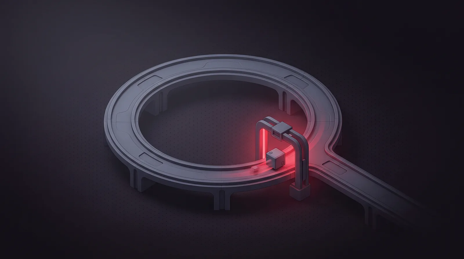 A closed circular track carrying one cube through the same crimson checkpoint on every lap, the exit path unused