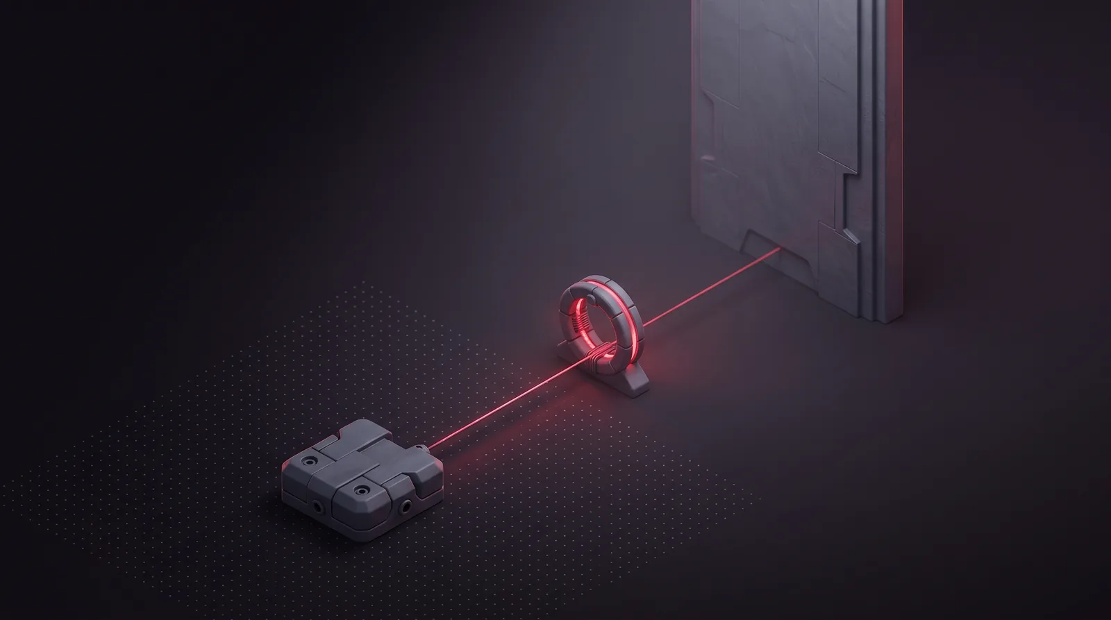 A compact terminal block sending one straight crimson line through a ring-shaped relay toward a distant slab
