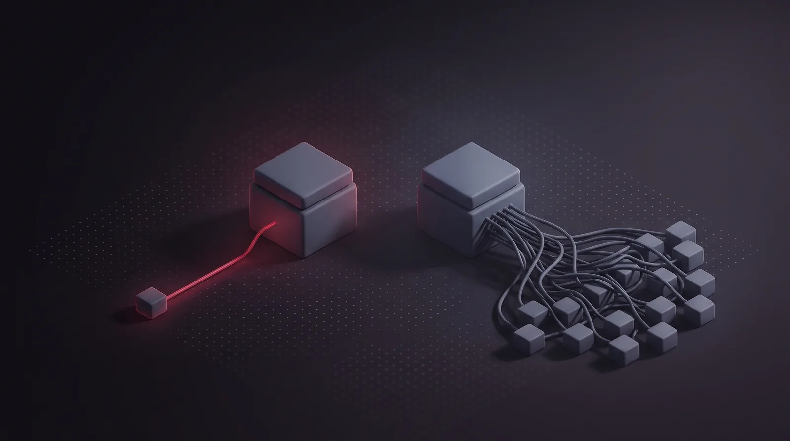 A relay with one clean crimson line to a single client beside an identical relay tangled with lines from many clients