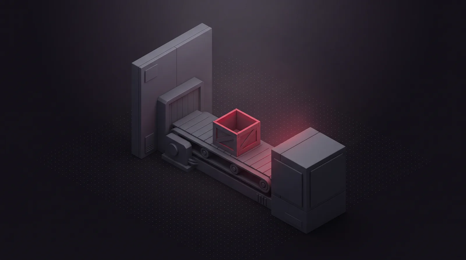 A short conveyor from a tall slab delivering a single empty crate whose inner edges glow crimson