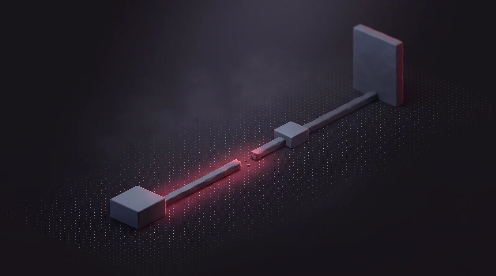 A routing line from a client block that stops short of the relay node, leaving a crimson gap before the dark onward path