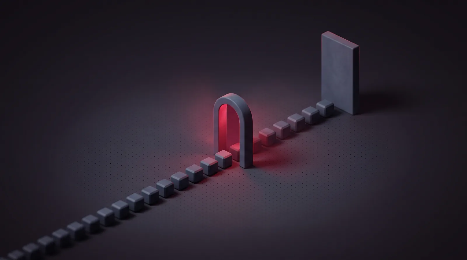 A long queue of identical nodes funnelled into one shared crimson archway on their way to a tall slab