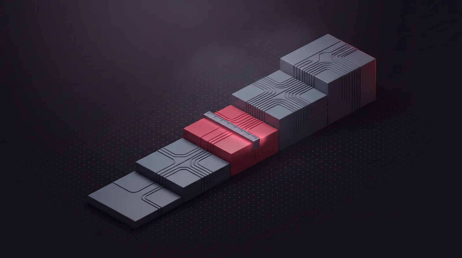 Stepped platforms rising left to right each carrying more routing lines, with the middle one lit