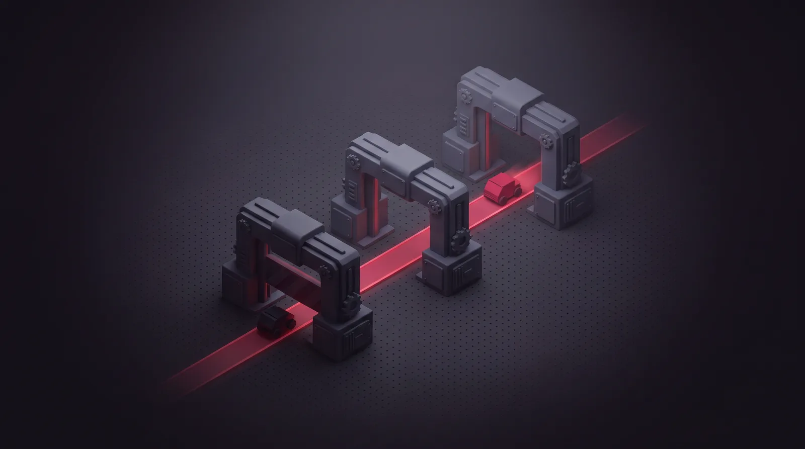 Three layered checkpoint gates with one payload passing cleanly along a lit path and an identical one stopped at the first gate