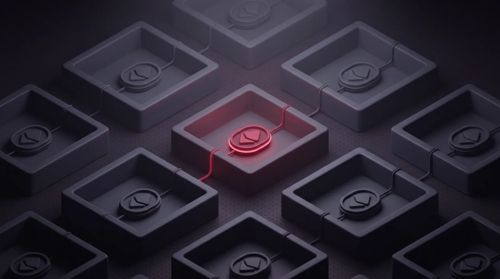 A grid of separate walled cells each holding one token bound to its own routing line, with one cell lit