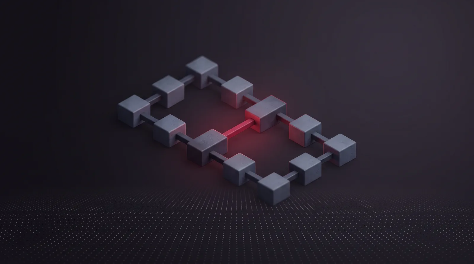 Two facing rows of blocks joined one-to-one by short links, with a single pair joined by a lit link