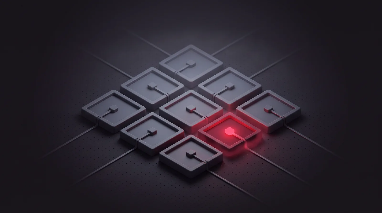 A grid of separated square cells each holding one node and one routing line, one cell lit crimson