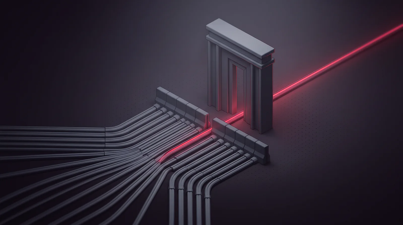 A wide fan of routing lines converging on a single tall gate structure with one line passing through lit
