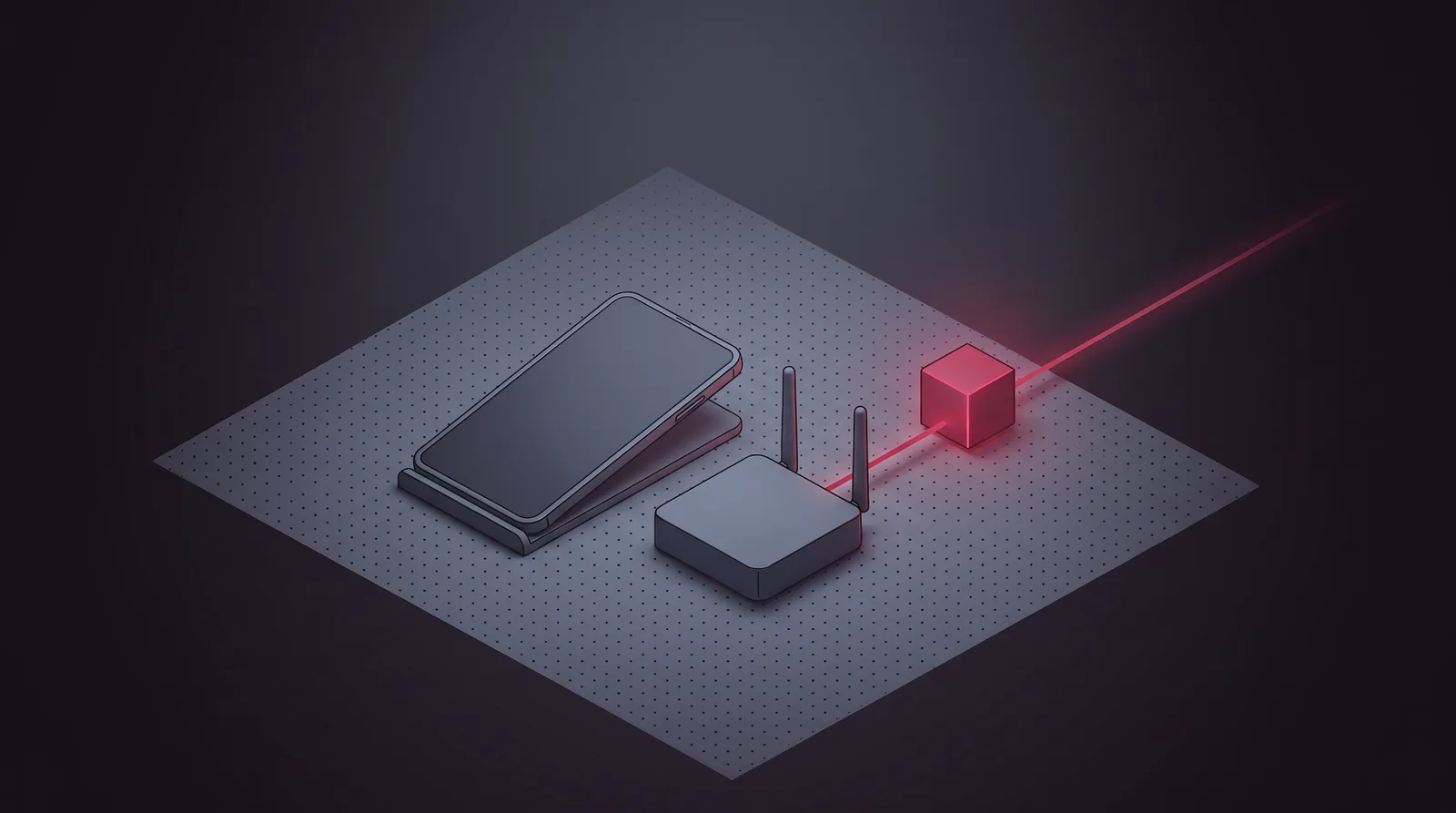 A handset on an angled stand beside a small router whose line passes through a crimson cube relay toward the horizon