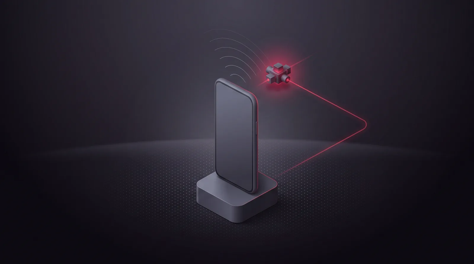 A slim handset on a pedestal sending faint wireless arcs to a crimson relay node, one line continuing onward