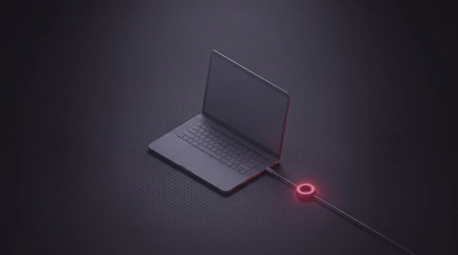 An open laptop whose single line runs through a crimson ring-shaped relay toward the horizon