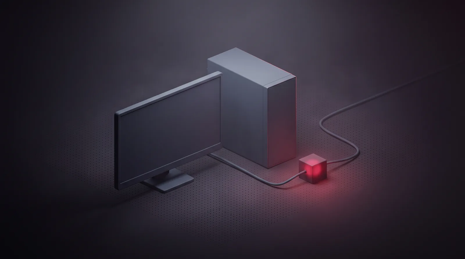 A desktop monitor and tower whose single cable passes through a crimson relay block toward the horizon