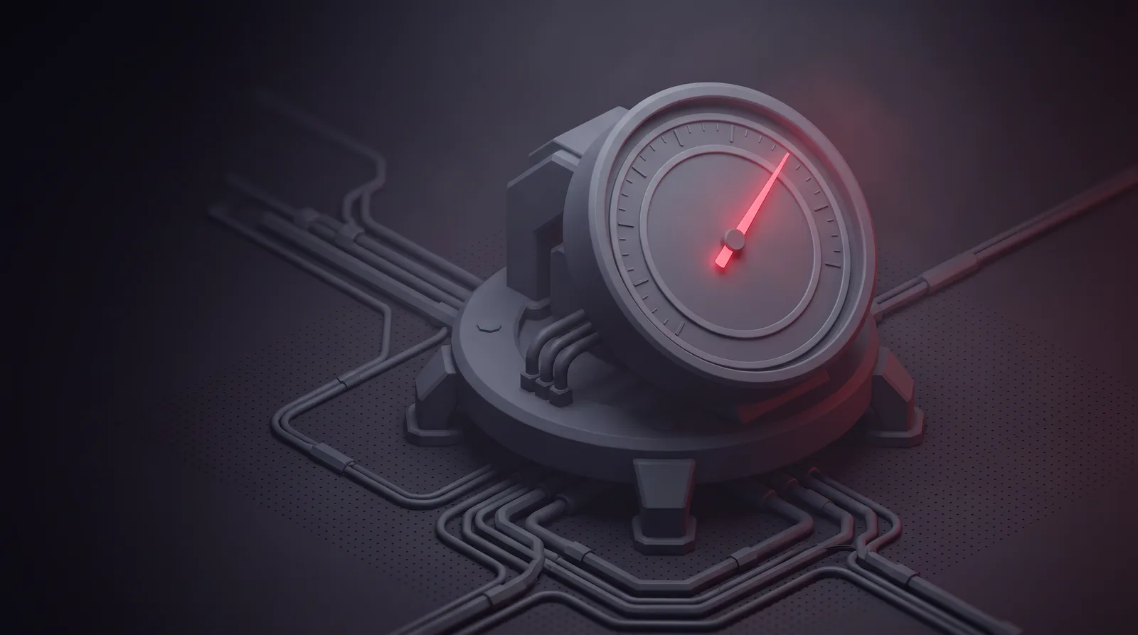 A measuring gauge structure with several routing lines feeding into it and one needle lit crimson