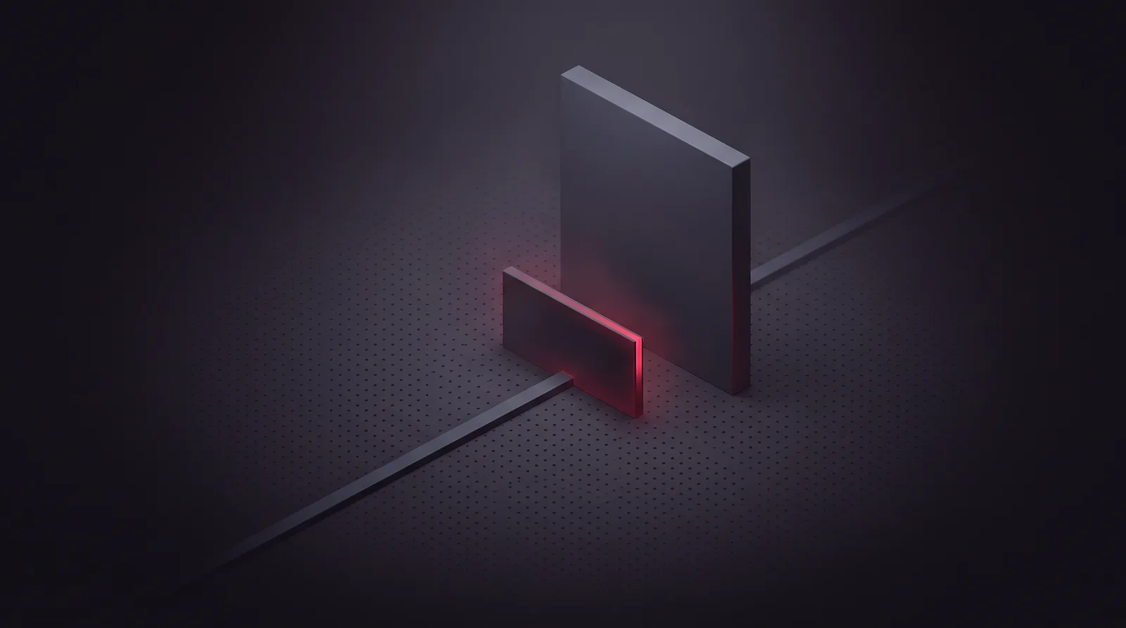 A routing line stopped at a closed barrier panel lit crimson, the target slab standing untouched behind it