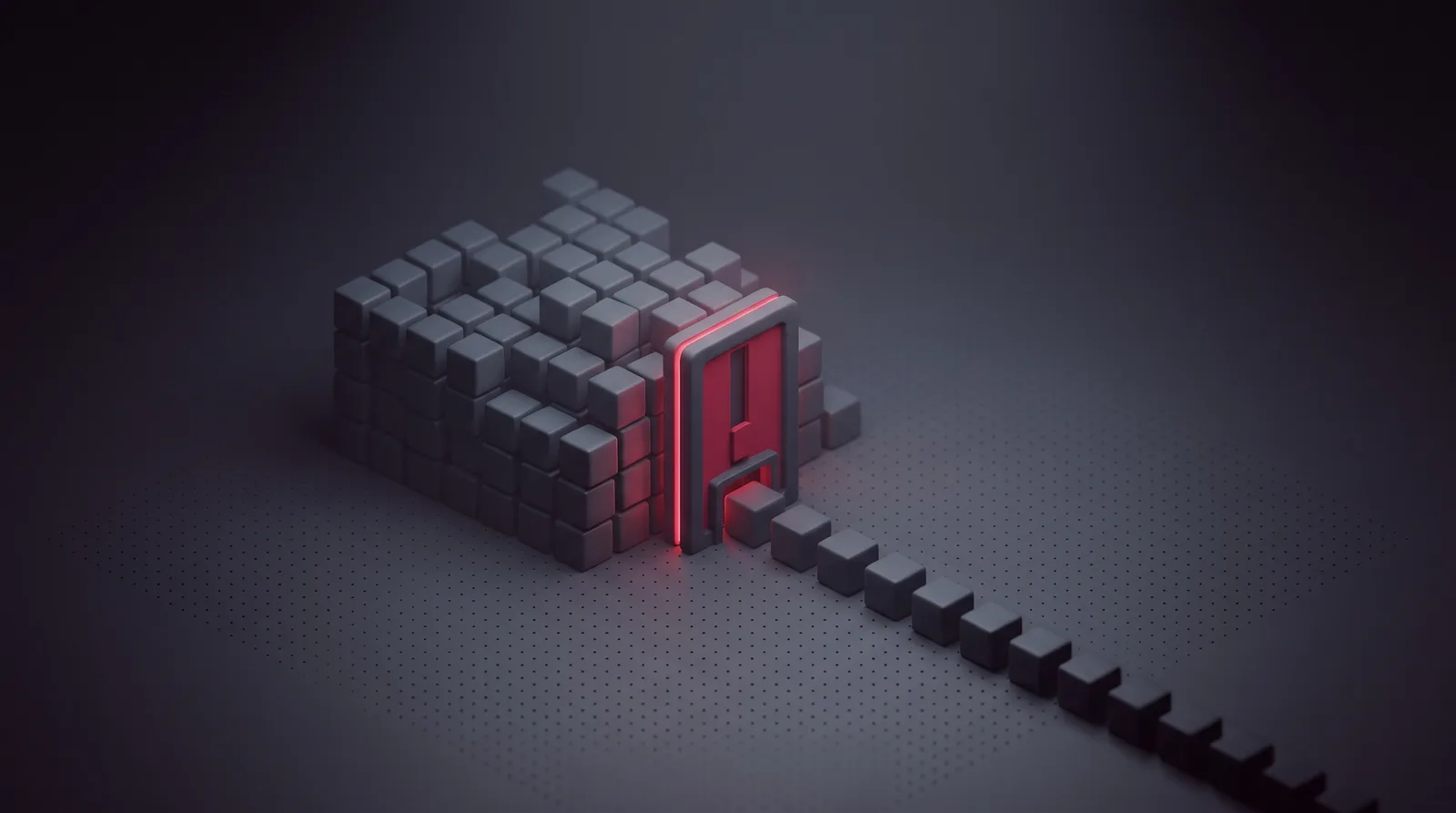 Cube payloads piled up against a narrow metering gate lit crimson, with a thin single-file line continuing beyond it