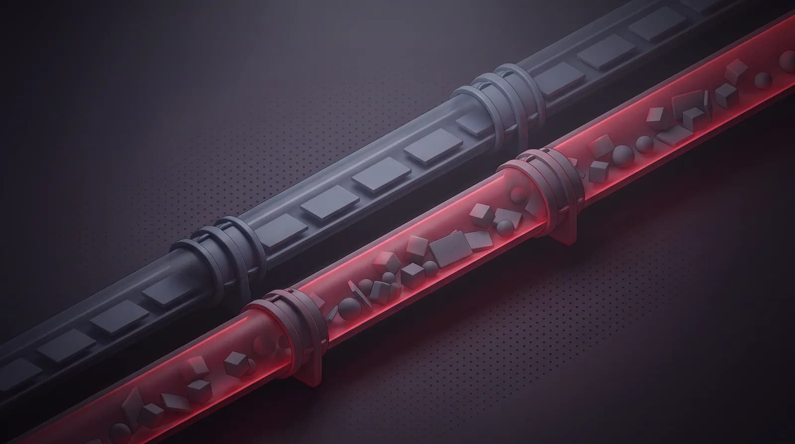 Two parallel pipes across a dark grid, the narrow one carrying uniform plates and the wider lit one carrying mixed shapes