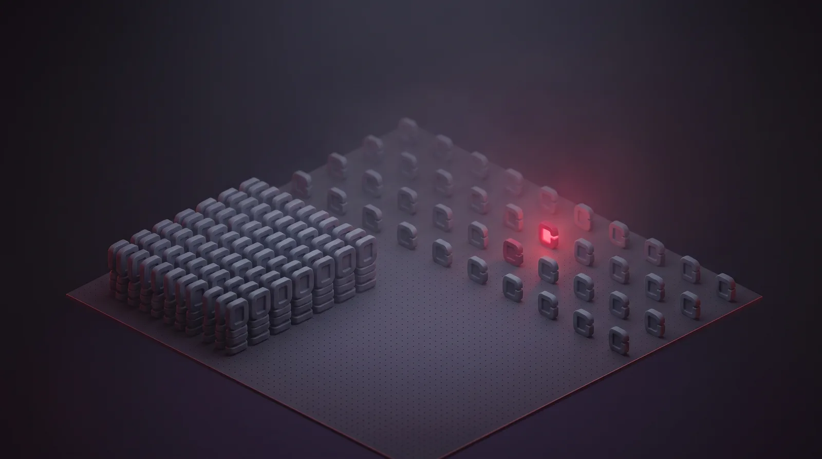 A small tightly packed block of tokens beside a vast sparse lattice stretching into haze, one token lit crimson