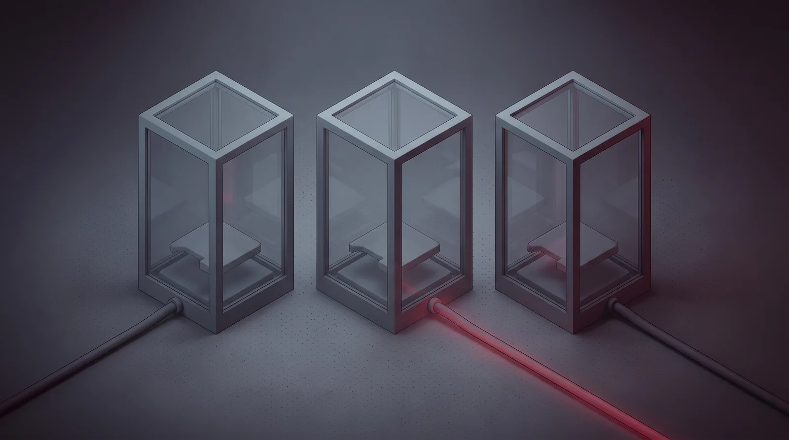 Three isolated glass-walled chambers side by side, each with its own outgoing routing line, the middle one lit crimson
