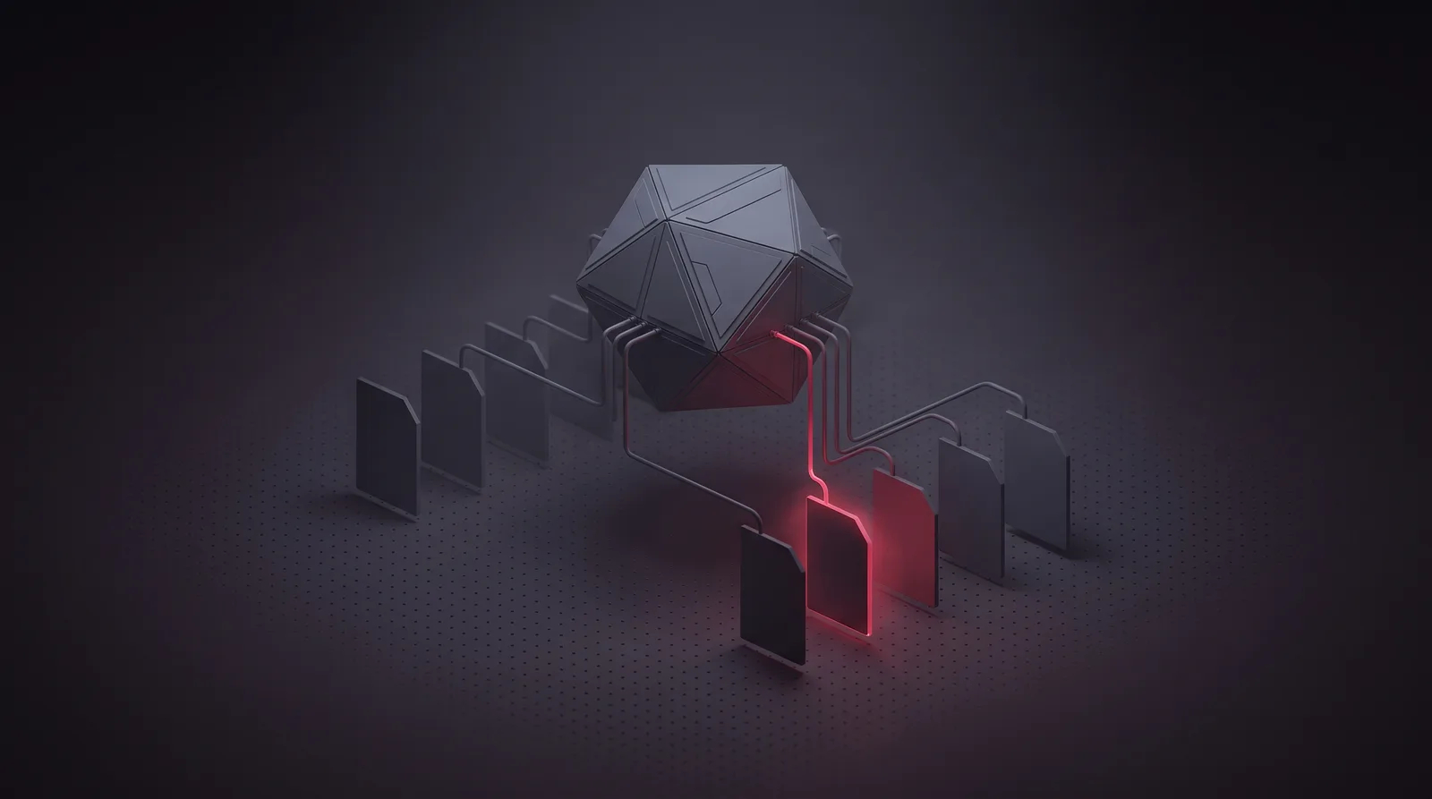 A faceted core hovering above the grid with thin lines anchored to separate page panels, one line and its panel held in crimson