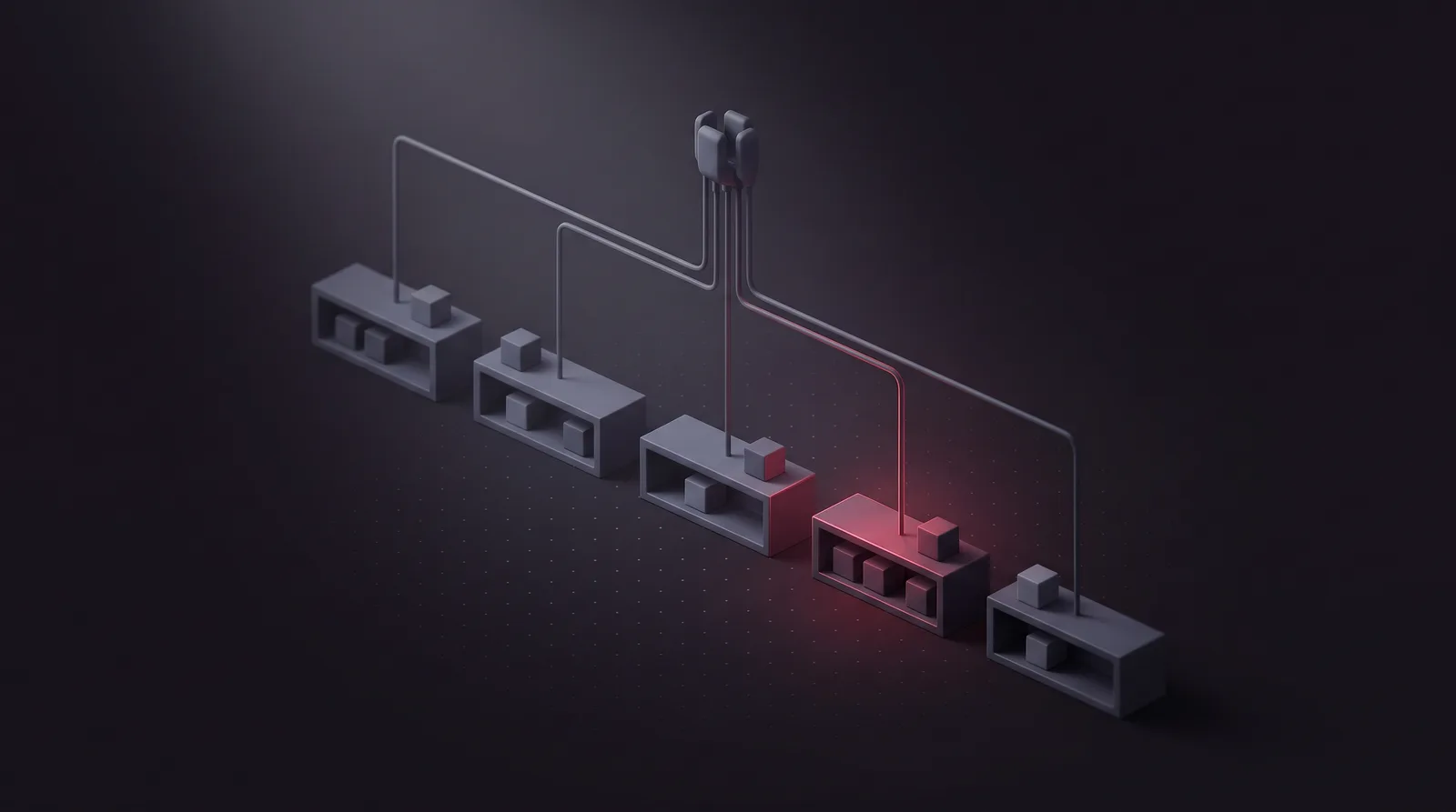 A row of shelf blocks each linked by a thin line to one collecting instrument above, one shelf and its line lit crimson