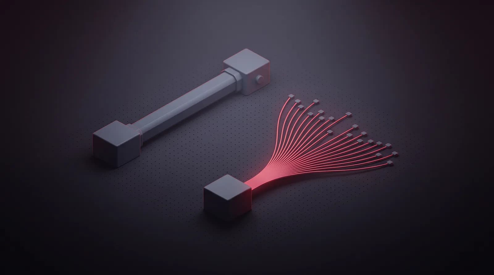 A single sealed tunnel to one gateway beside a lit fan of many thin routes to many separate nodes