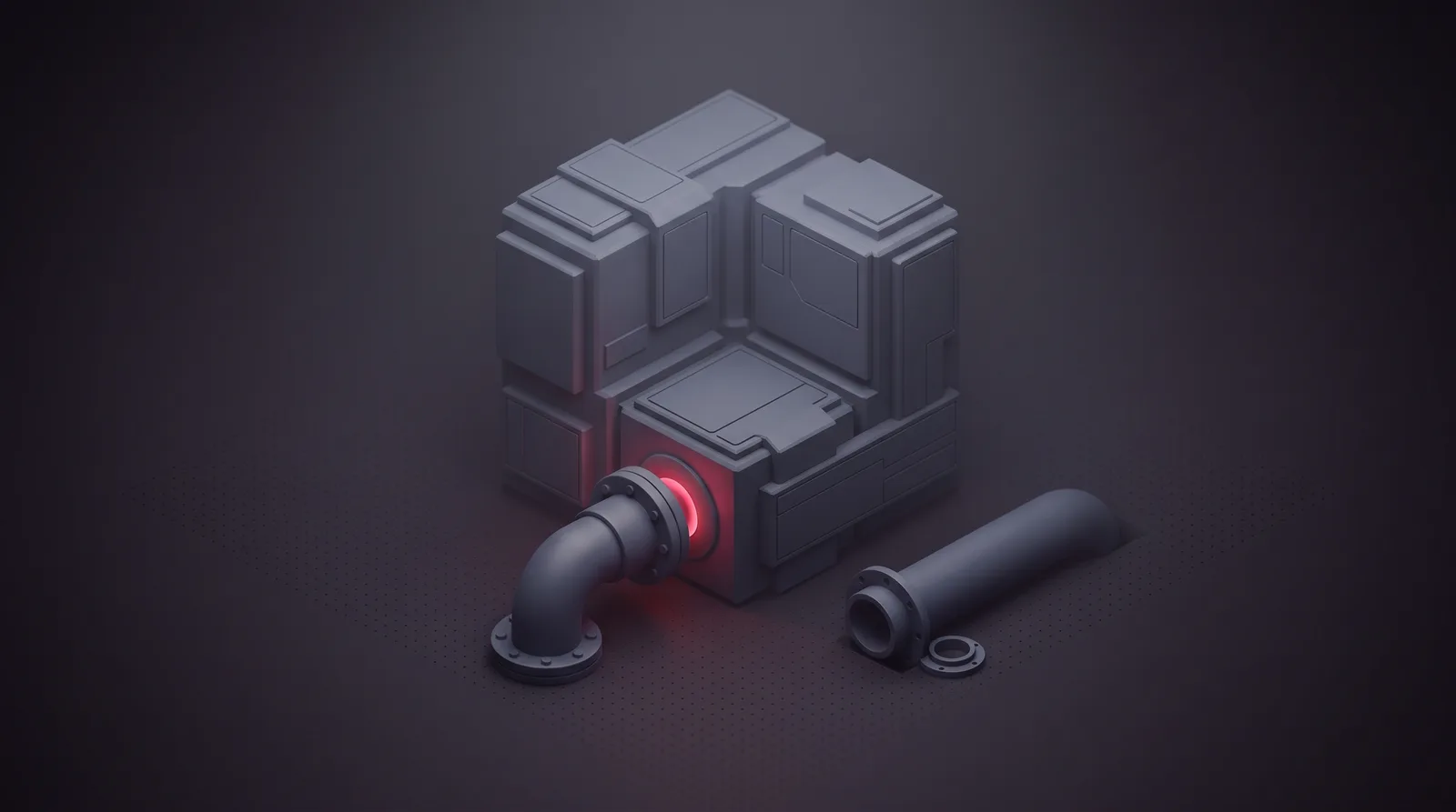 A chamber anchored to one fixed conduit that glows crimson at the joint, with a second conduit lying unconnected beside it
