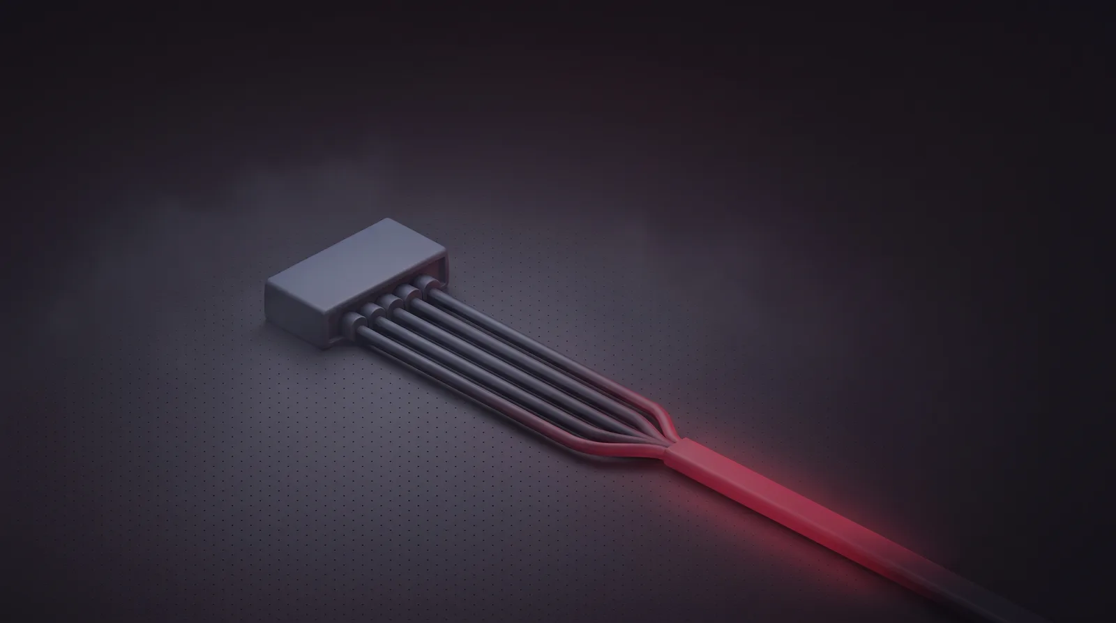 Several parallel routing lines leaving a terminal block and converging into one shared conduit lit crimson