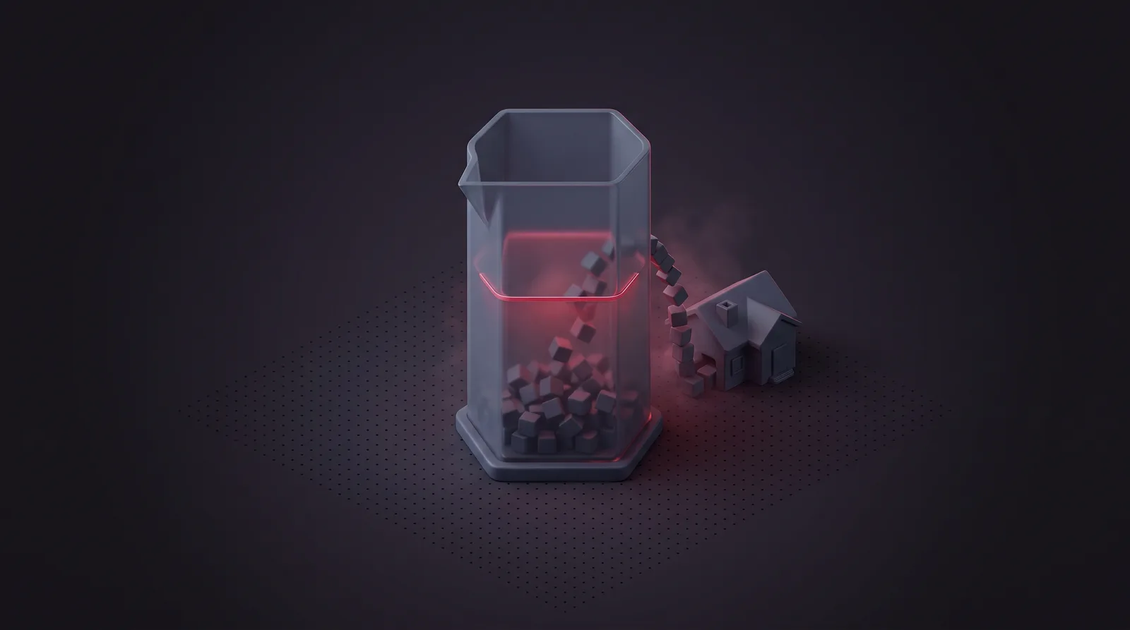 A transparent measuring cylinder filled by a stream of cubes from a small house, the fill line glowing crimson