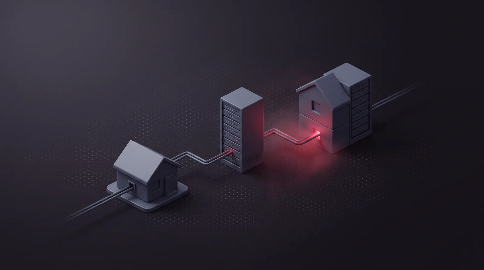 A home, a server rack and a hybrid house-rack node connected by one routing line that lights up at the hybrid node