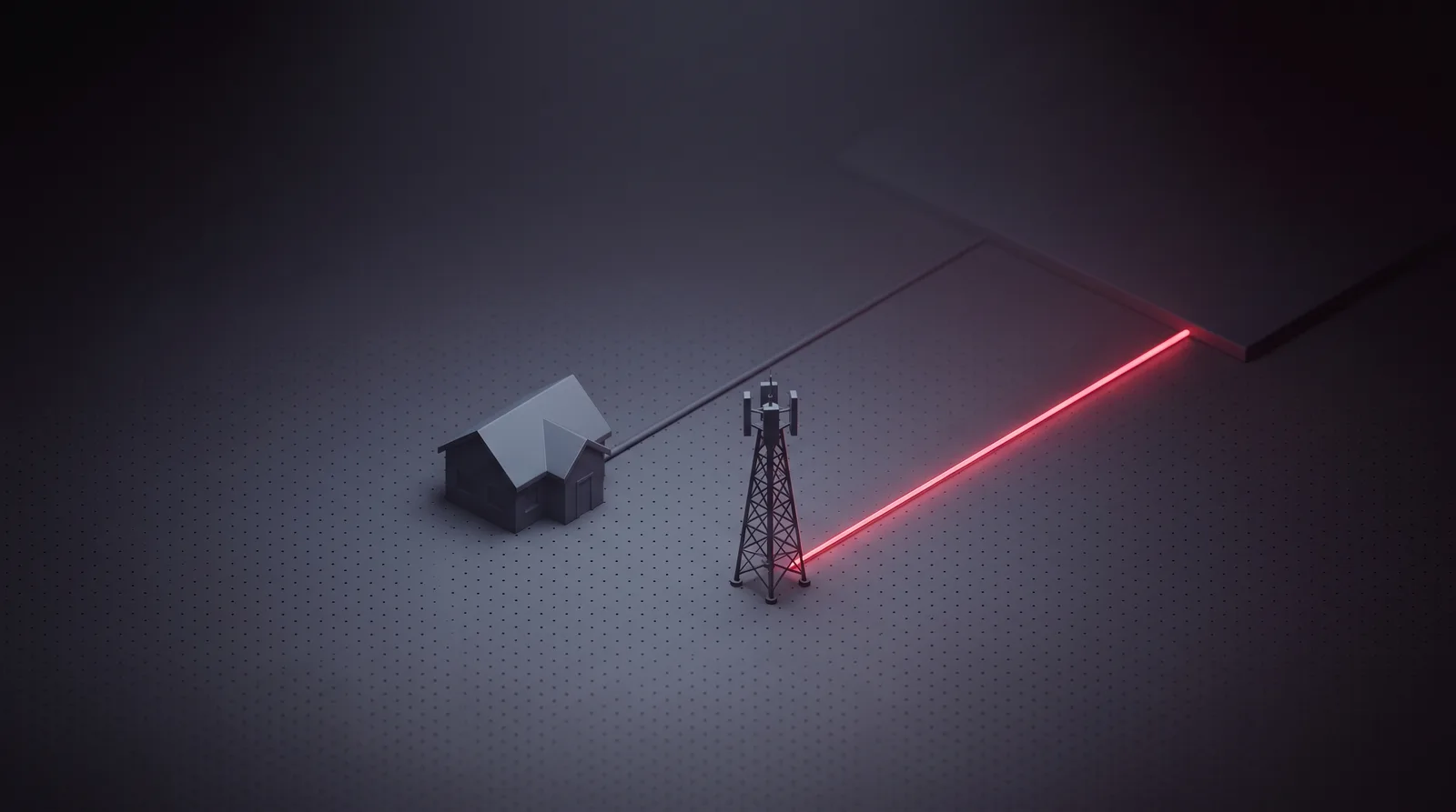 A house and a lattice cell tower each sending a line toward the same distant slab, the tower's line glowing crimson