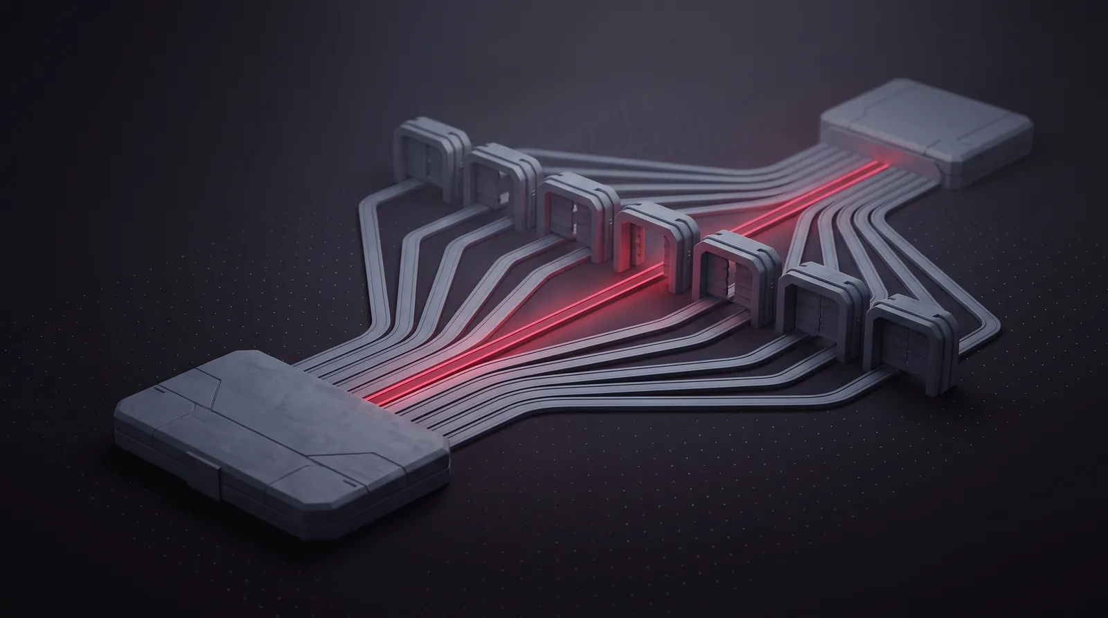 A wide fan of parallel routing lines passing through evenly spaced throttle gates, one line lit crimson along its full path