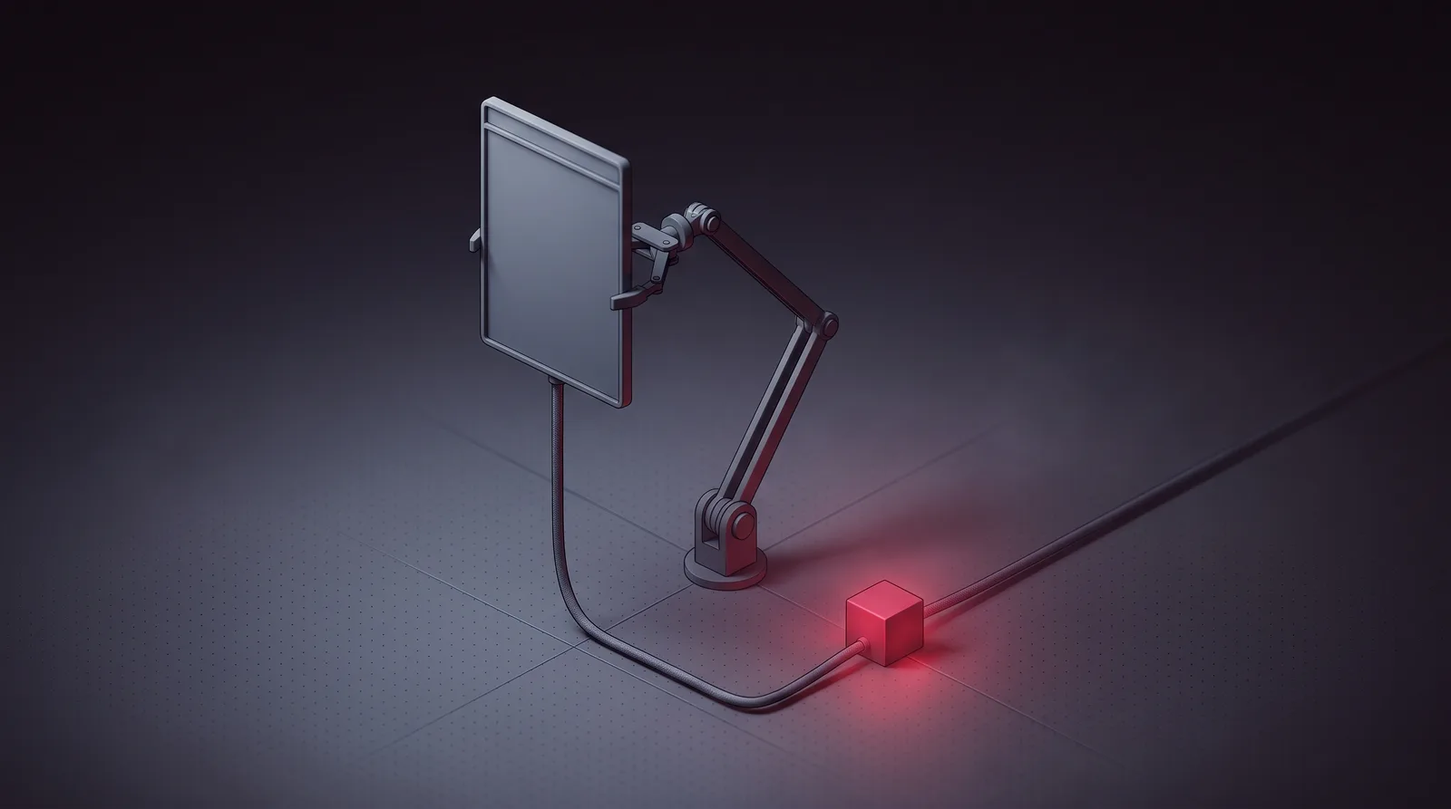 A mechanical arm operating a single window panel whose routing line passes through a crimson relay block toward the horizon