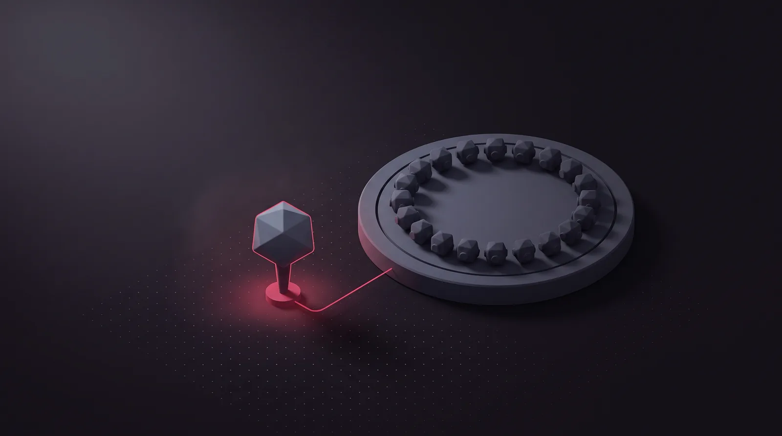 One node fixed in place by a crimson anchor pin beside a dark carousel of many nodes mid-rotation