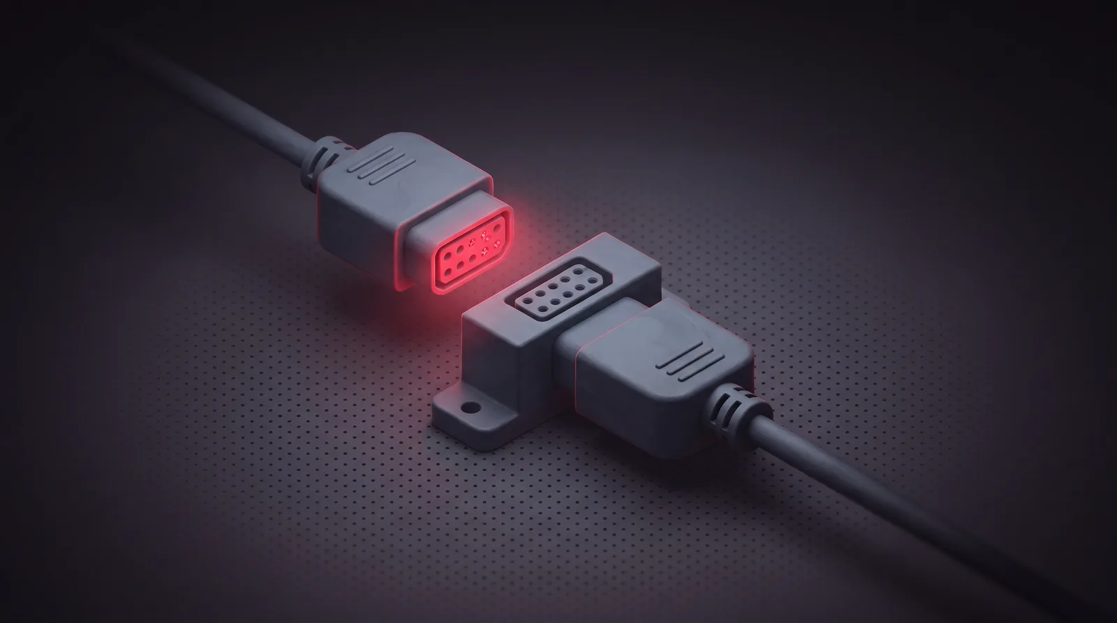 Two plugs with identical housings approaching a port, one with a subtly different crimson pin pattern left unseated