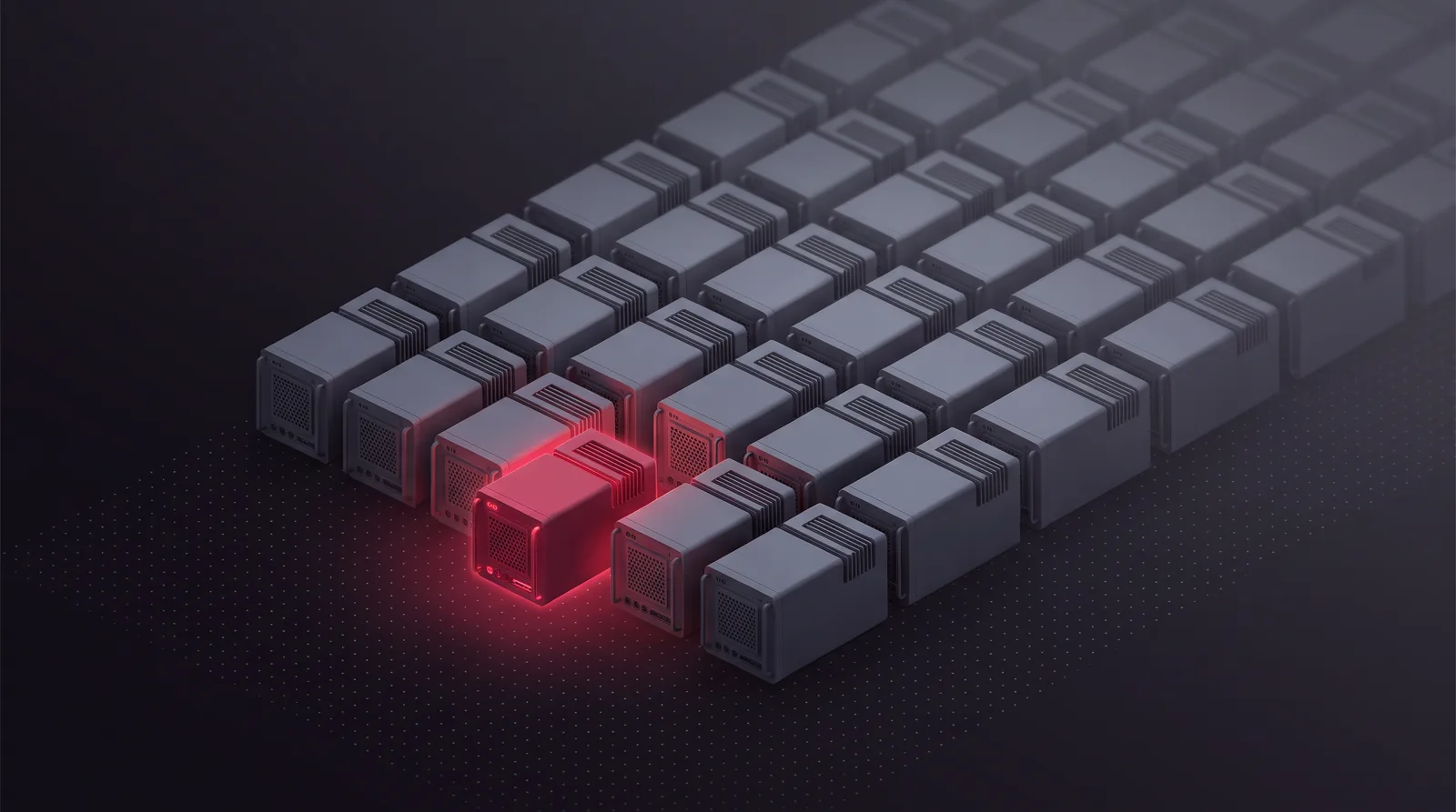 Dense rows of identical server slabs receding into haze with one slab at the front lit