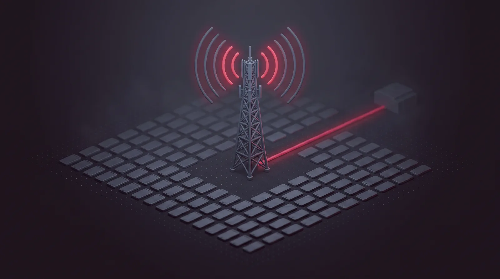 A single cell tower fanning out to a dense crowd of identical handset silhouettes, all sharing one lit connection line