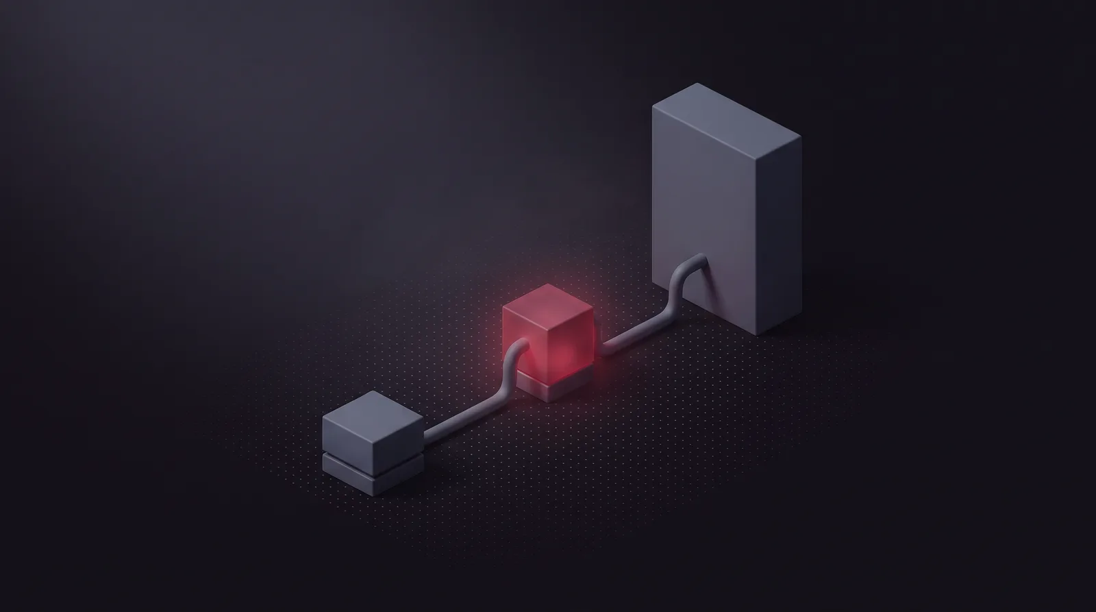 A client block and a tall target slab with a single relay node between them, the only route running through the crimson relay
