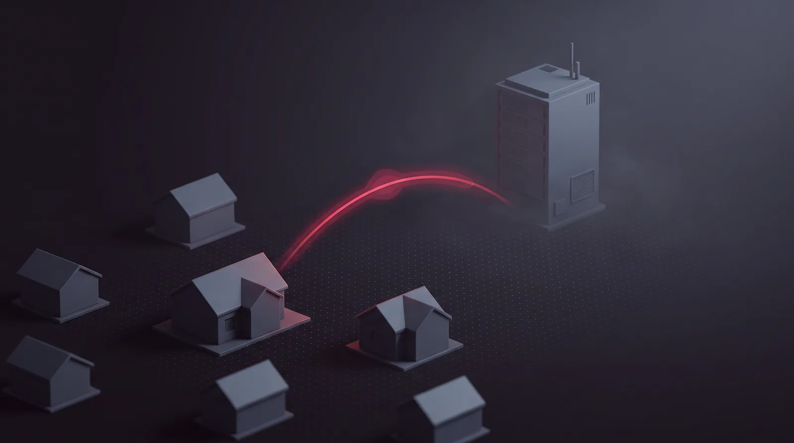 A cluster of small house-shaped network nodes with one sending a lit signal arc to a distant server slab