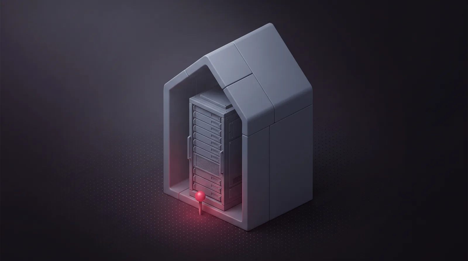 A server rack inside a house-shaped shell, anchored to the ground by a single lit pin