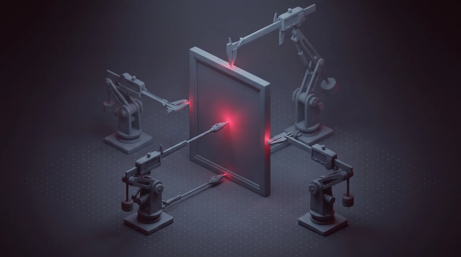 An upright window panel measured by probes from several instruments, their readings converging on a crimson point