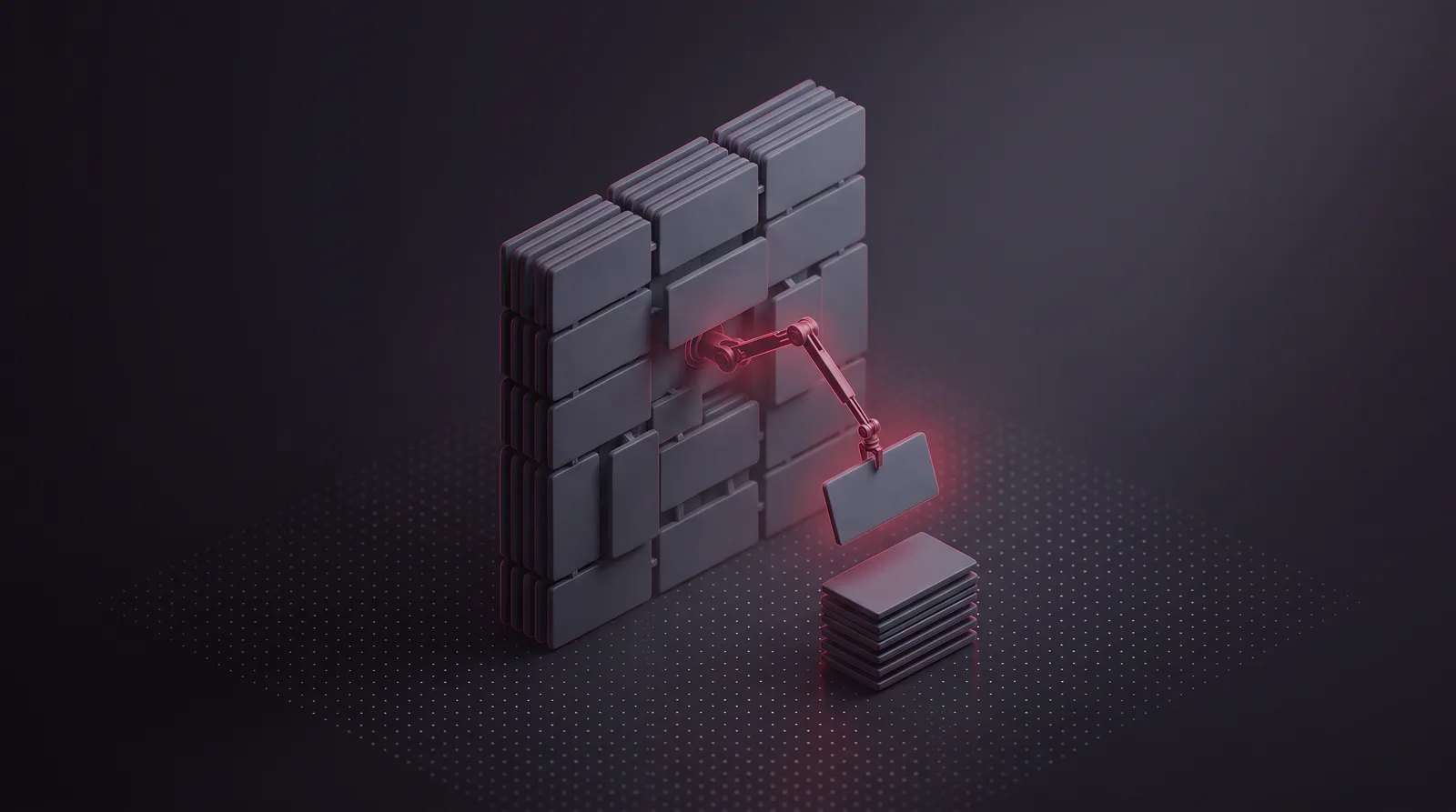 A lit robotic arm lifting one panel out of a tall facade of stacked panels and placing it on a sorted stack