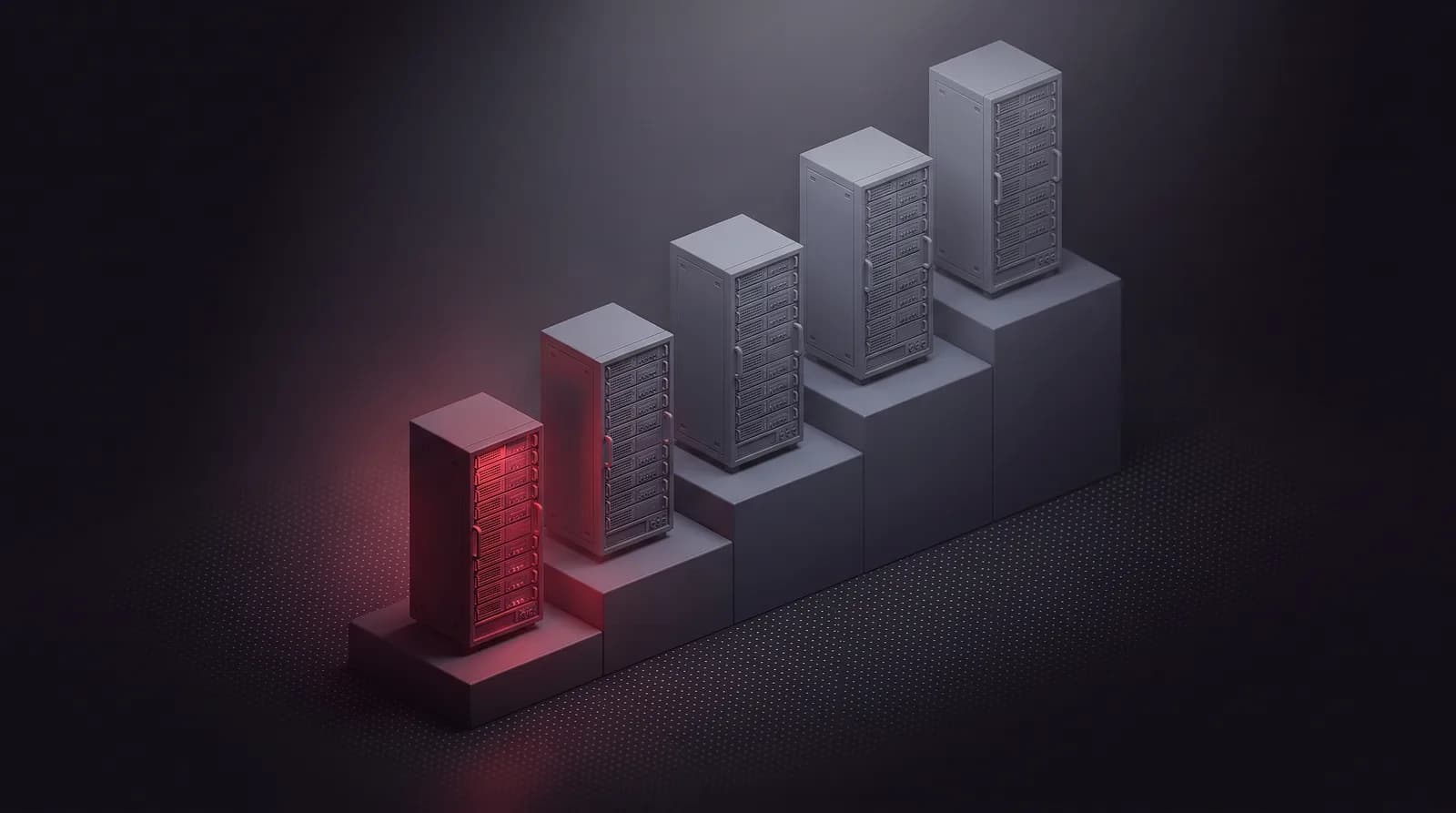 A row of identical address blocks rising step by step above the ground plane, with only the lowest block lit