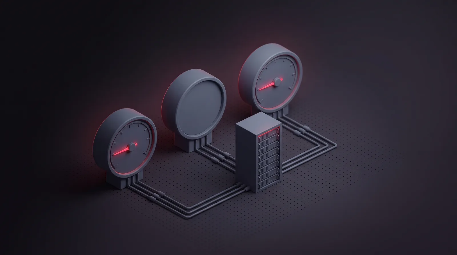 Three separate measuring dials reading the same small block, two of them resting at zero and lit crimson while the third stays dark